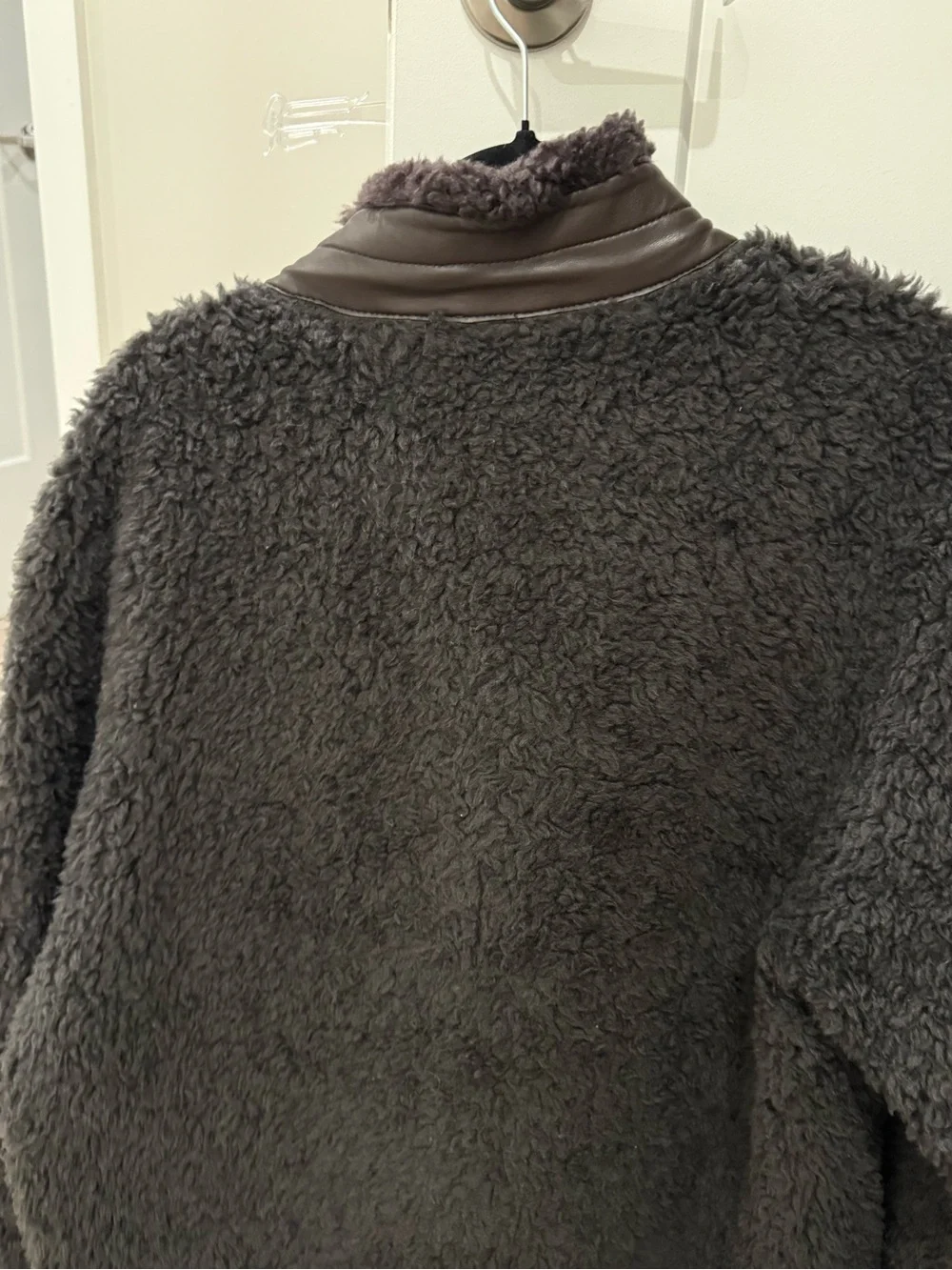 Men's Charcoal Sherpa Zip Jacket with Leather Chest Pocket Accent